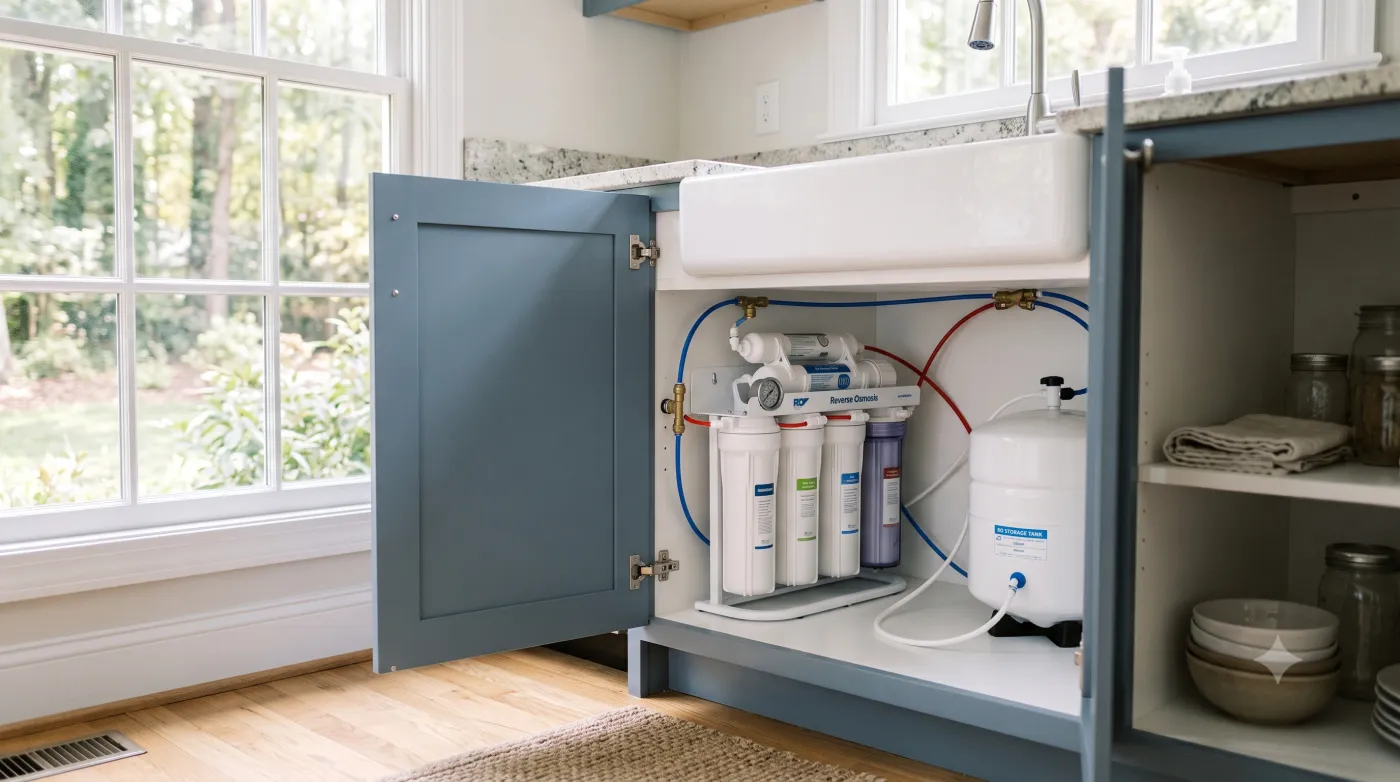Under-sink reverse osmosis system with filter stages and storage tank