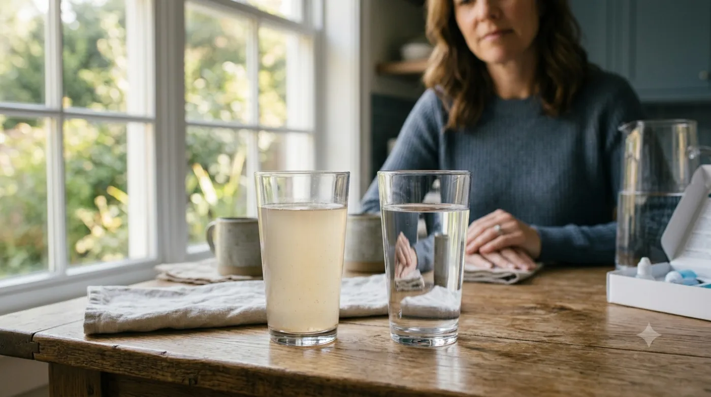 A cloudy glass of well water next to a clear filtered glass