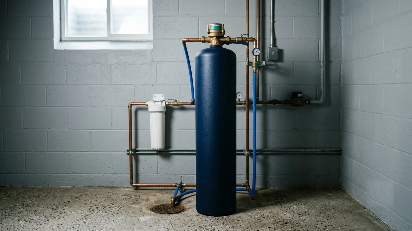 Whole-house air injection sulfur filter tank connected to copper plumbing in a basement utility room