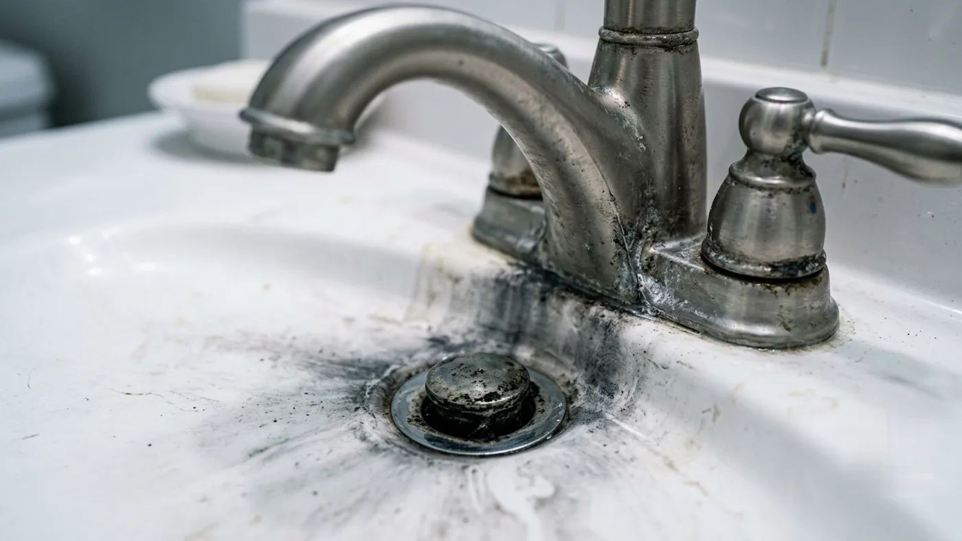Black tarnish staining around a bathroom sink drain and faucet base caused by hydrogen sulfide in well water