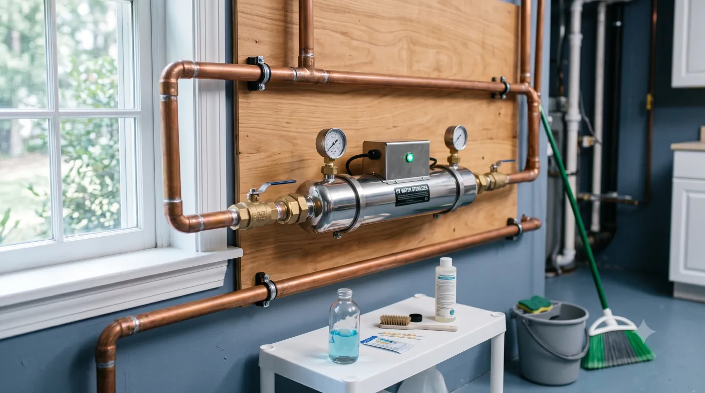 A stainless-steel UV water purifier mounted on a home water line