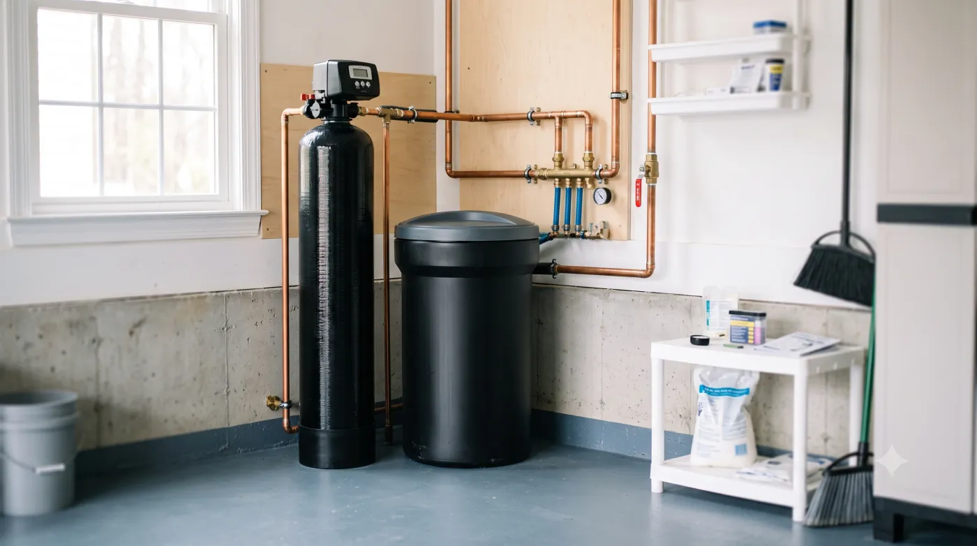 Water softener and filter tanks with copper plumbing in a utility room