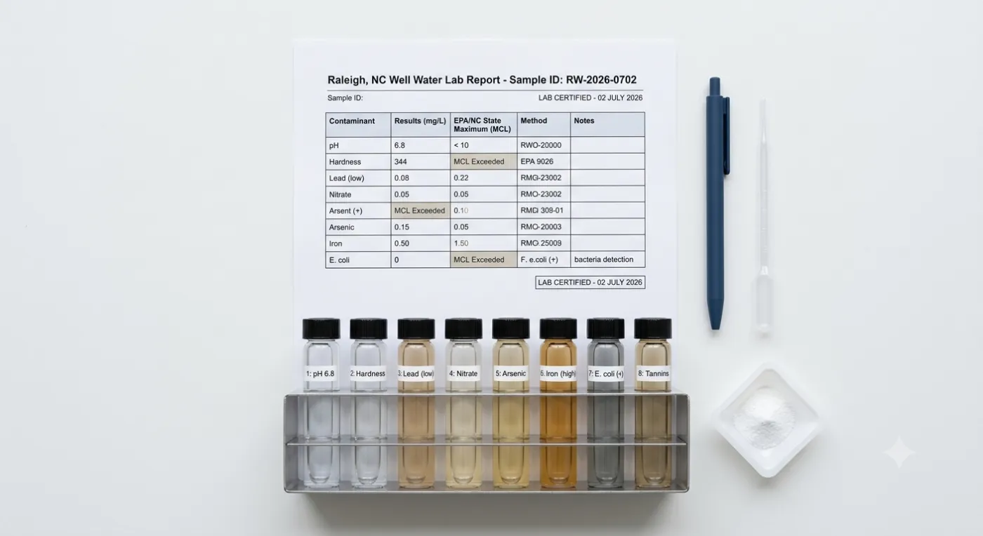 A well water lab report beside a row of water test sample vials