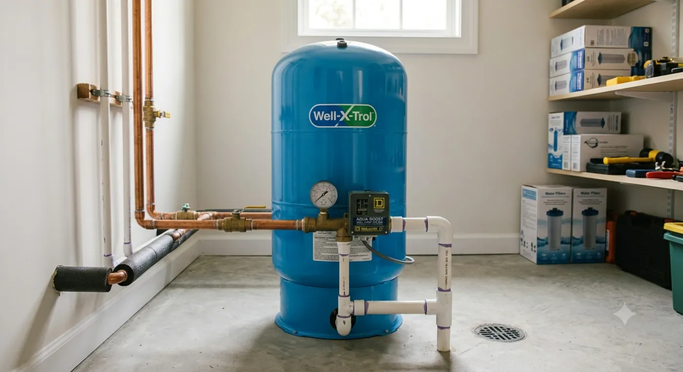 A blue Well-X-Trol pressure tank installed in a home utility room