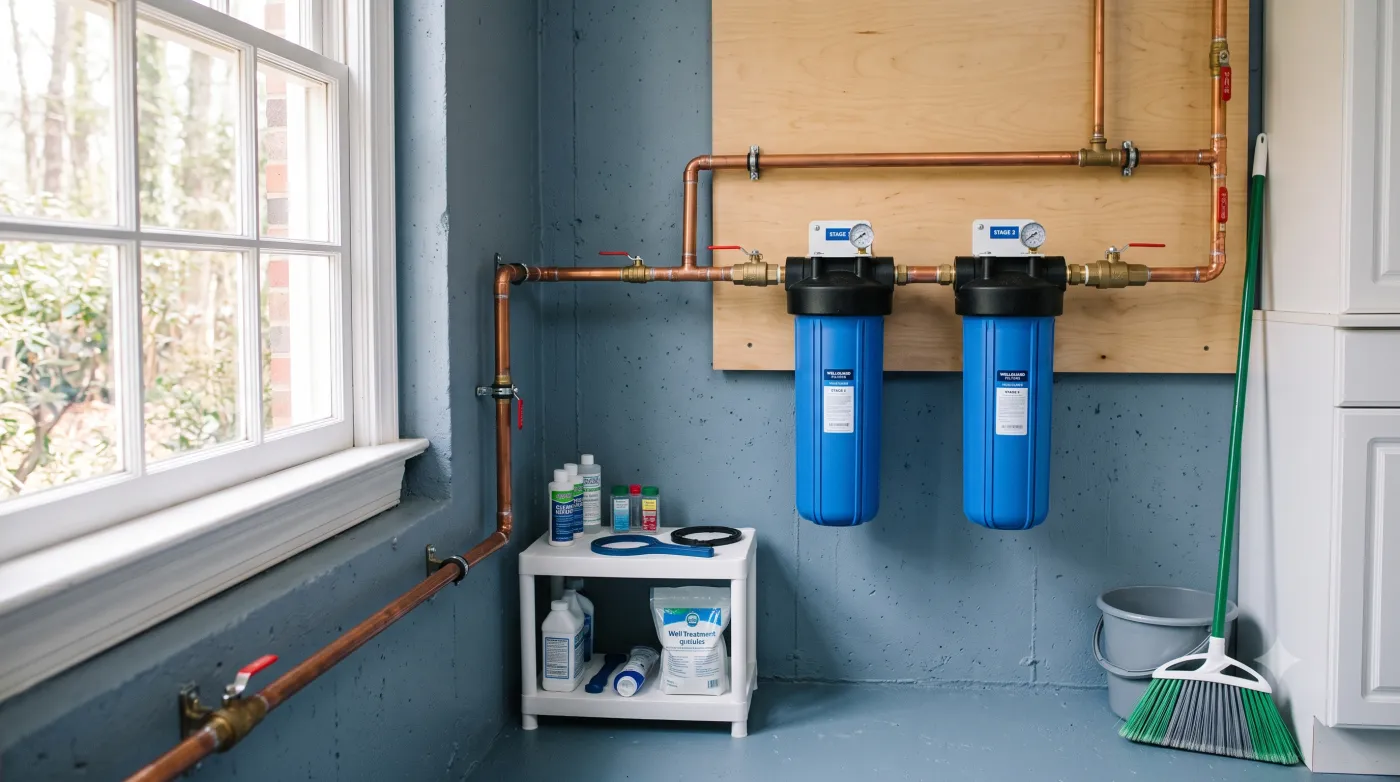 Whole-house well water filtration system with labeled components